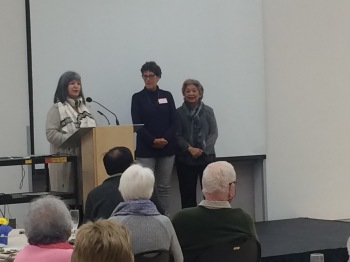 Adele Mackrow and Tracy Proke recognize Dellie Lidyard for 10 years of volunteering